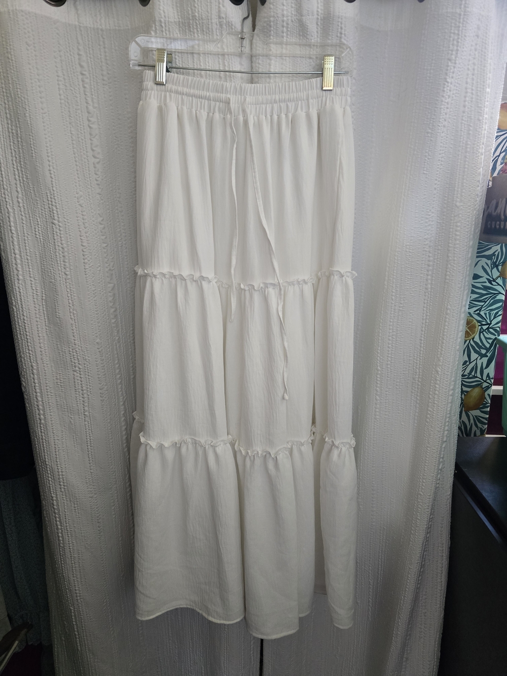 Womens Style Small White Tiered Maxi Skirt with Drawstring Waist